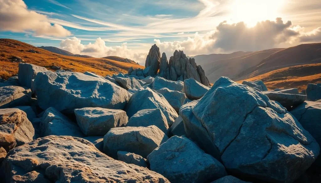 Picturesque blue rocks nestled in a serene mountain landscape, bathed in warm golden sunlight filtering through wispy clouds. Smooth, weathered boulders in shades of azure and cerulean, arranged in a captivating natural formation. The foreground features intricate textures and patterns carved by the elements, while the middle ground showcases the dramatic rocky outcroppings set against a backdrop of lush, rolling hills. The scene exudes a sense of tranquility and wonder, inviting the viewer to immerse themselves in the breathtaking outdoor environment.