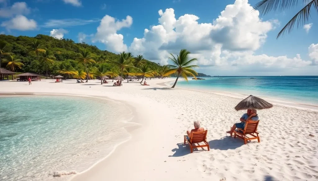 Pigeon Point Beach with white sand, turquoise water, and palm trees