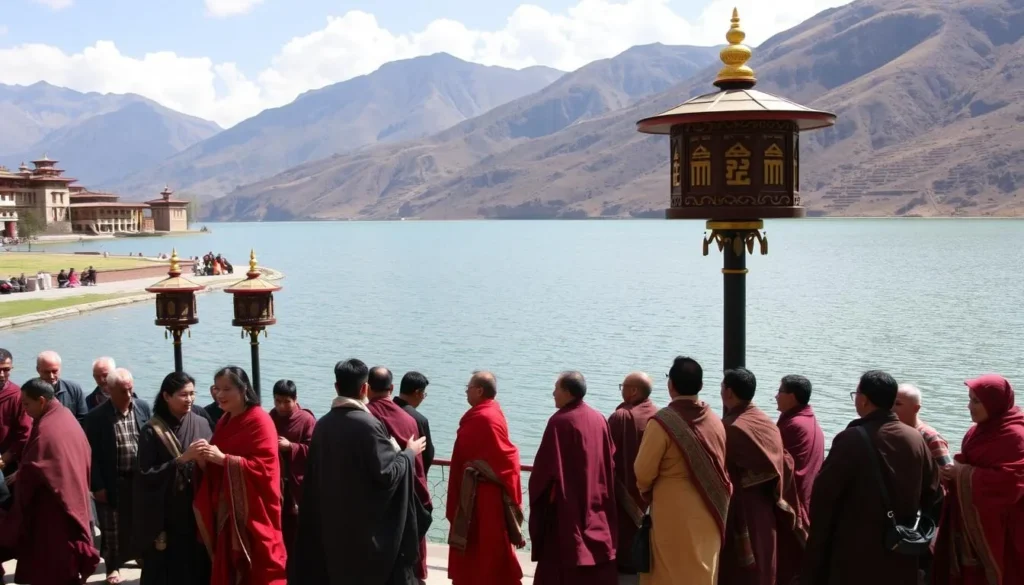 Pilgrims circumambulating Draphu Tsho lake with prayer wheels