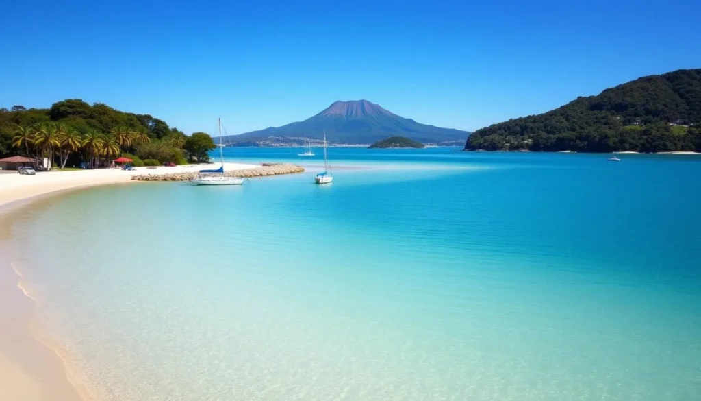 Pilot Bay beach on the harbor side of Mount Maunganui with calm waters