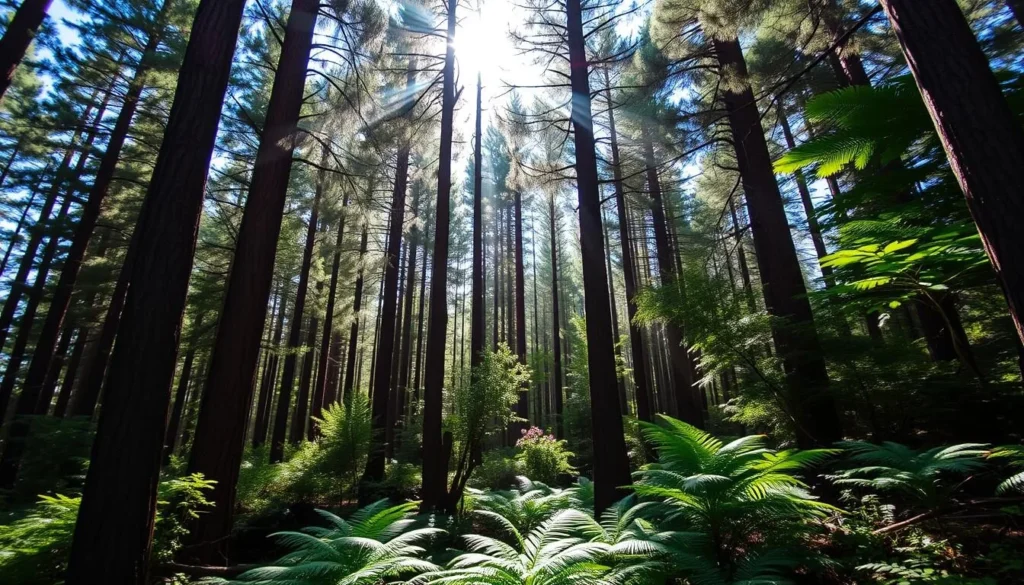 Pine forest ecosystem in La Malinche National Park with sunlight filtering through trees and diverse understory plants Pine forest ecosystem in La Malinche National Park with sunlight filtering through trees and diverse understory plants