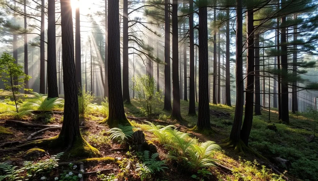 Pine forest ecosystem in Volcan Nevado de Colima National Park with diverse flora and wildlife
