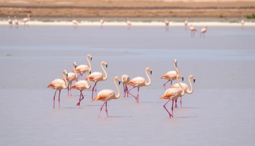 Pink flamingos wading in Anegada's salt ponds with the flat island landscape in the background