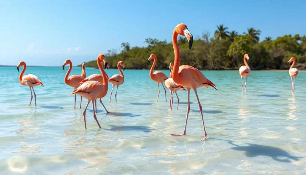 Pink flamingos wading in shallow lagoon at Cayo Coco