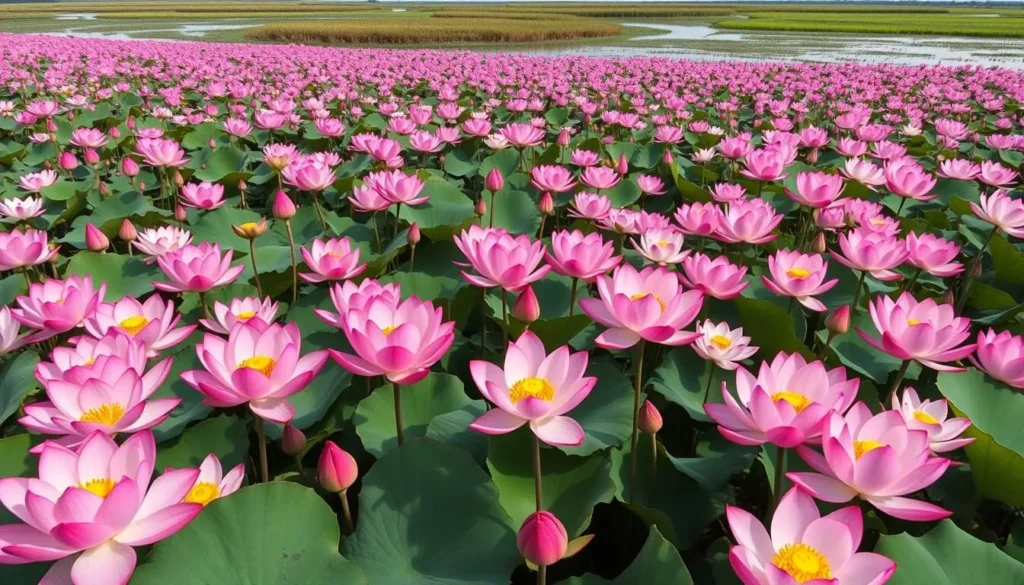 Pink lotus flowers blooming in the Volga Delta