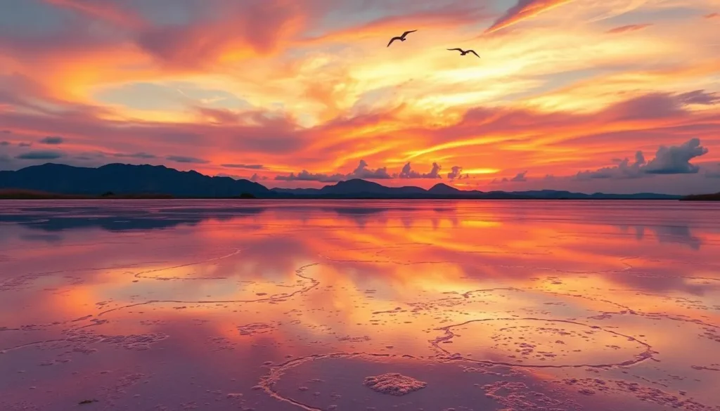 Pink salt flats of Cabo Rojo with mountains in background