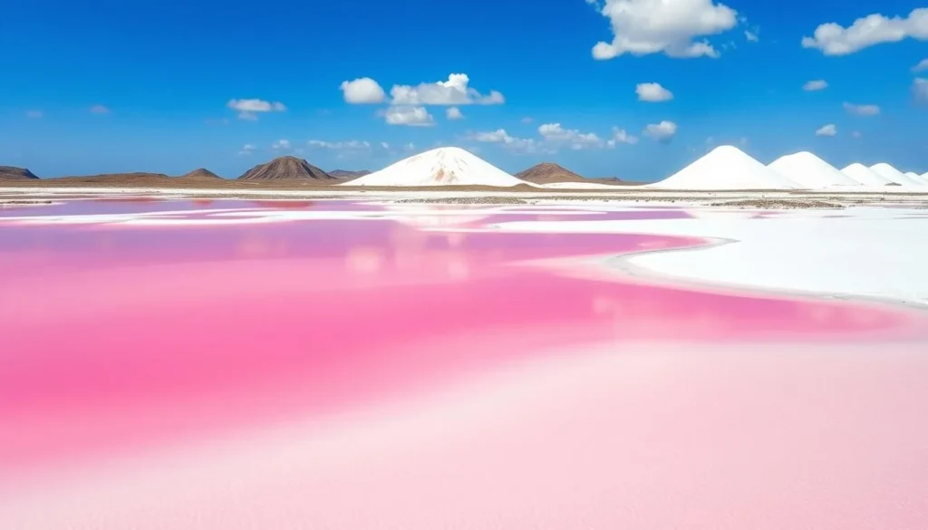 Pink salt lakes in southern Bonaire with white salt mountains in the background Pink salt lakes in southern Bonaire with white salt mountains in the background