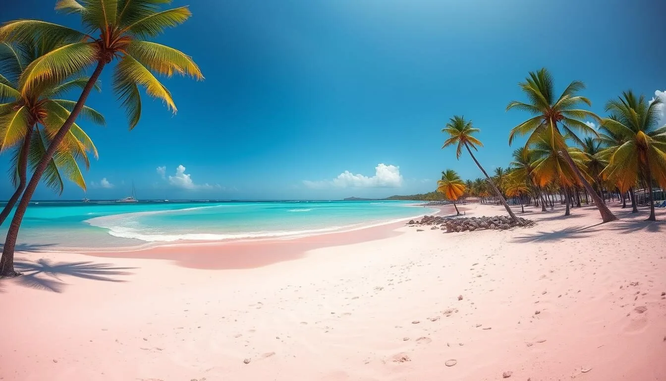 Pink sand beach at Palmetto Point, Antigua and Barbuda with turquoise waters and palm trees