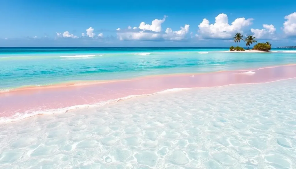 Pink sand beach in Barbuda with turquoise water and no crowds