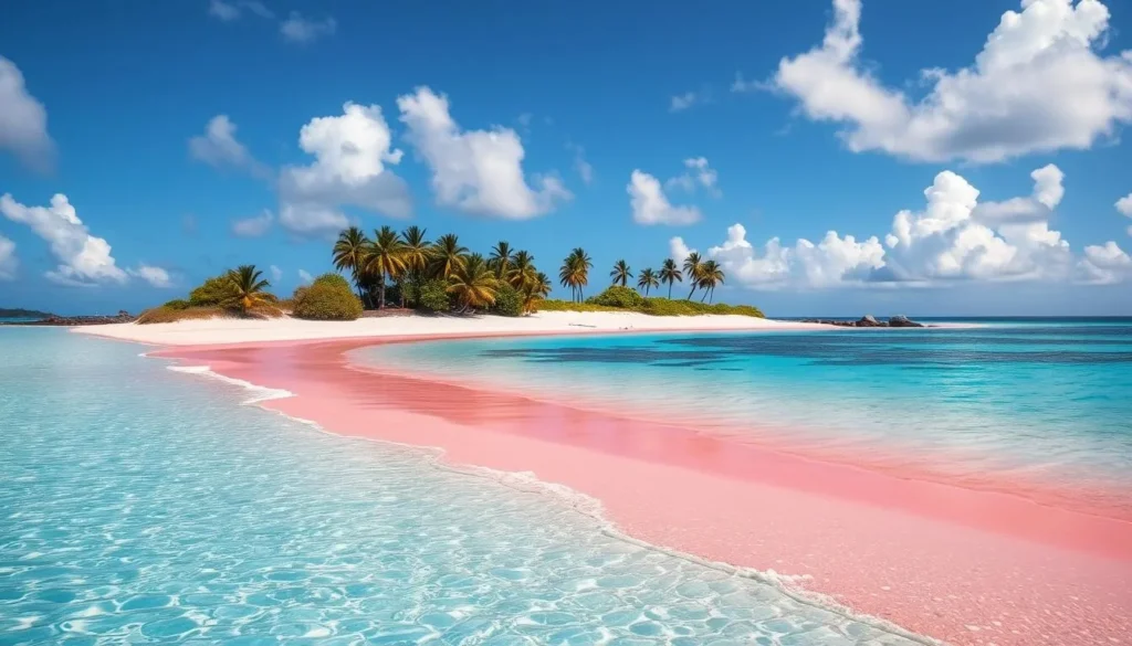 Pink sand beach on Barbuda with turquoise waters and few tourists