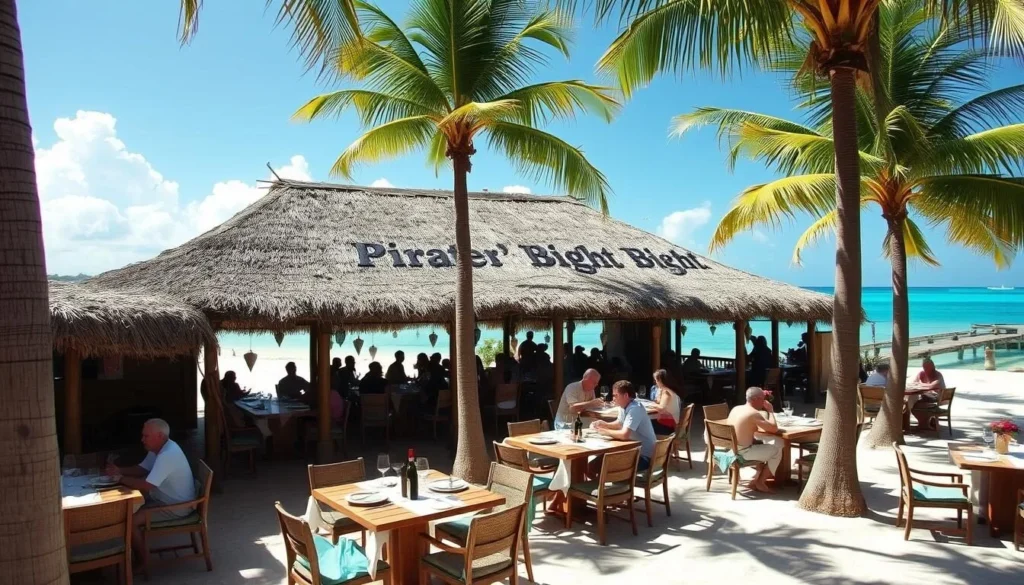 Pirate's Bight restaurant on Norman Island with beachfront dining tables