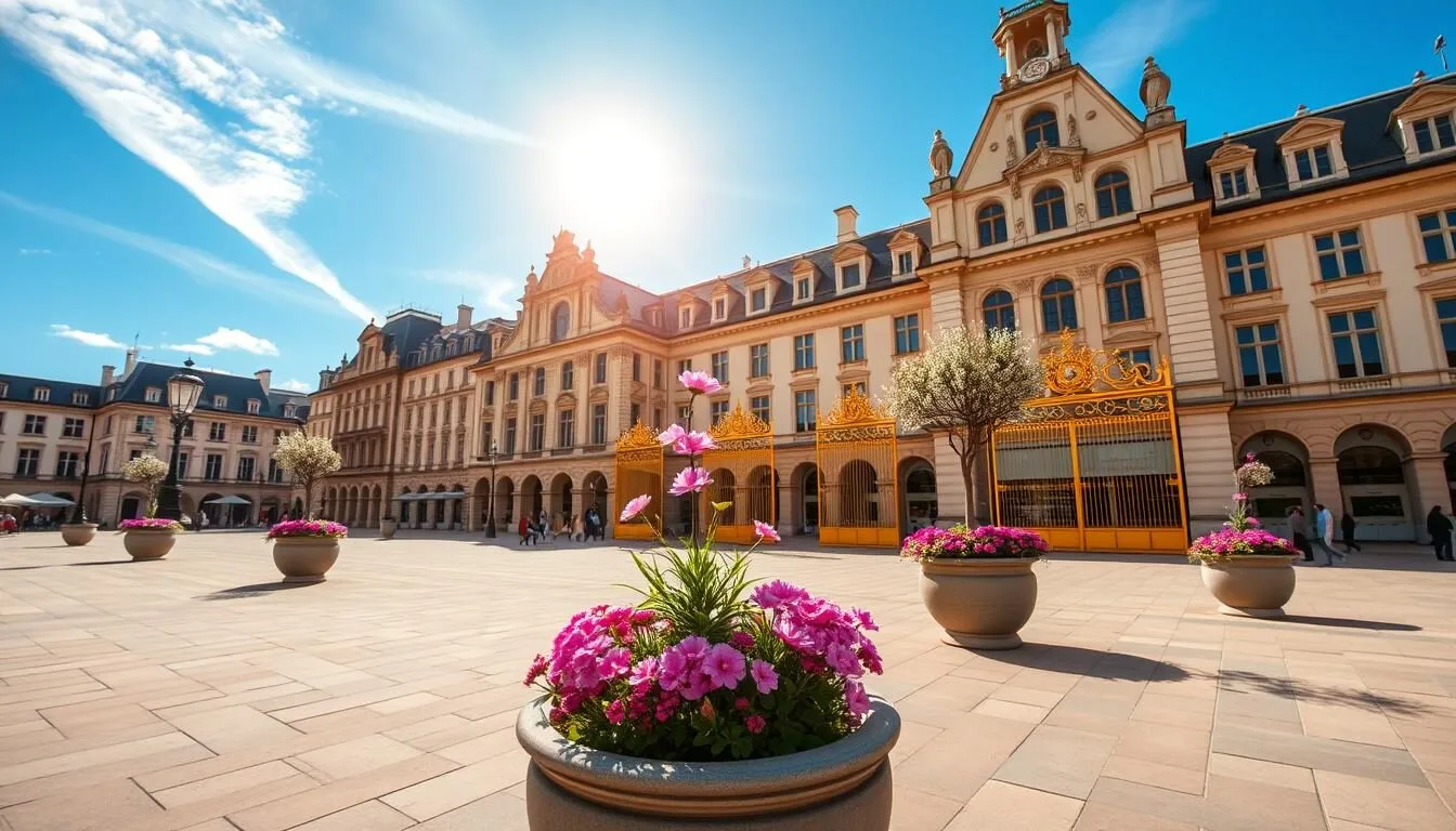 Place Stanislas in Nancy during spring with blooming flowers and clear blue sky