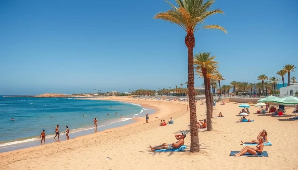 Plage des Sablettes beach in Mohammedia with palm trees and beachgoers