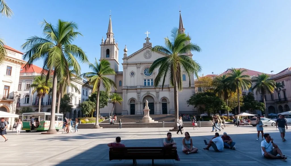Plaza 24 de Septiembre in Santa Cruz showing the cathedral and palm trees