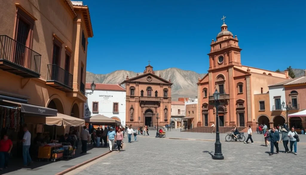 Plaza 25 de Mayo in Humahuaca with the historic church and colonial buildings