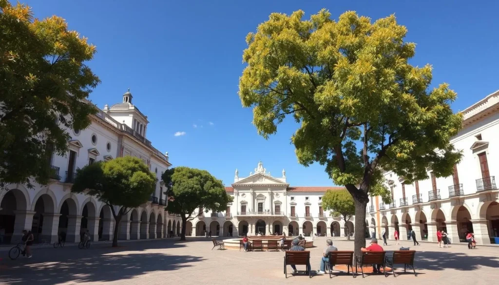 Plaza 25 de Mayo in Sucre during dry season with clear blue skies and people enjoying the square