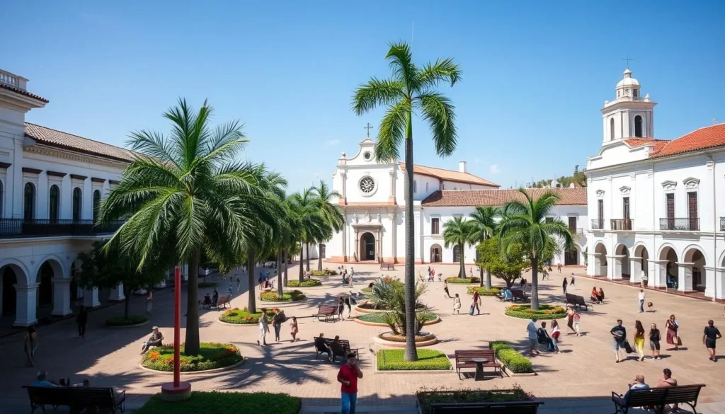 Plaza Alfonso López in Valledupar with colonial architecture, palm trees, and locals walking through the square