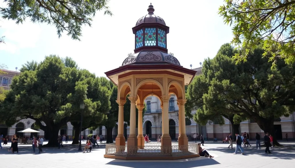 Plaza Hidalgo in El Historico Coyoacan National Park with its central kiosk and fountain