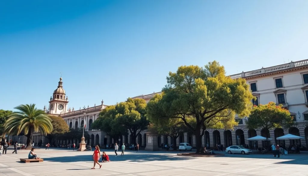 Plaza Independencia in San Miguel de Tucuman on a sunny day with people relaxing under trees
