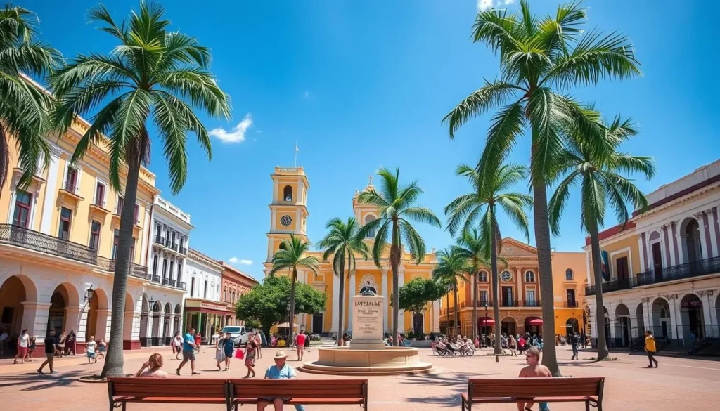 Plaza Palmer in downtown Caguas with historic buildings, palm trees, and local people enjoying the space