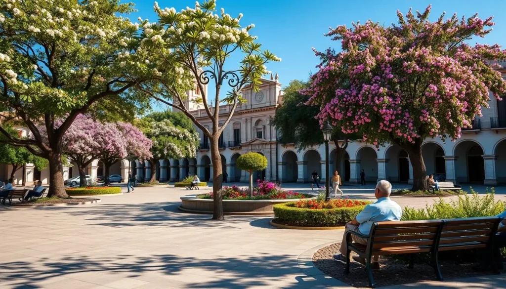 Plaza Principal in Tepic during spring with blooming flowers and locals enjoying the sunny weather