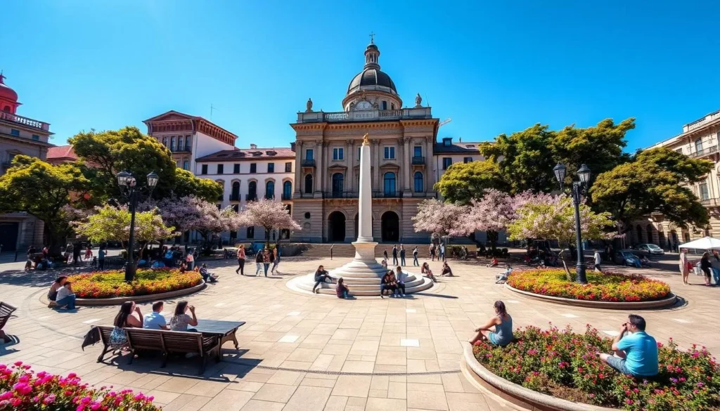 Plaza de la Independencia in Concepcion Chile during spring with blooming flowers and people enjoying the sunny weather