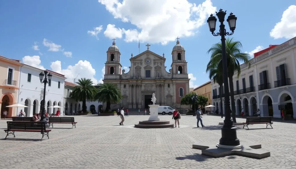 Plaza del Himno in Bayamo with the historic Iglesia de Santísimo Salvador cathedral