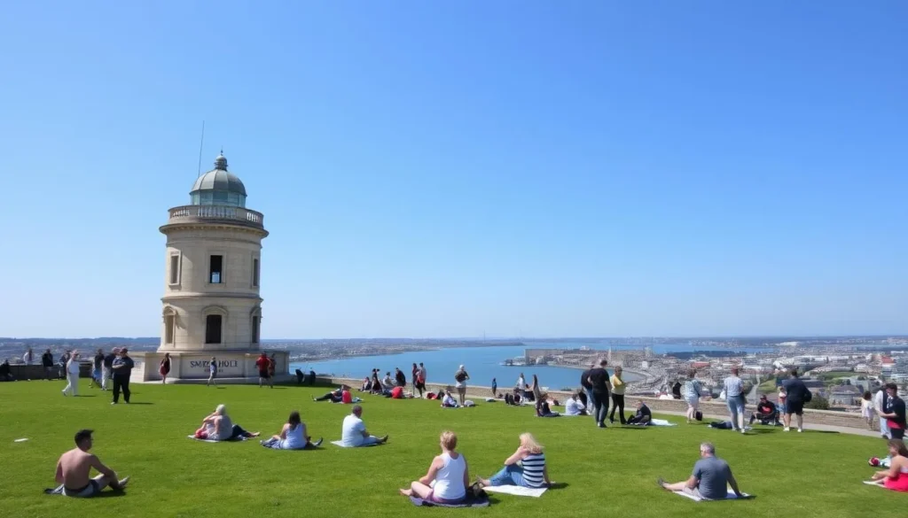 Plymouth Hoe on a sunny summer day with people enjoying the green space and sea views