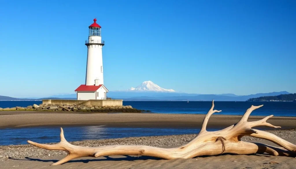 Point Robinson Lighthouse on Vashon Island with Mount Rainier visible in the background across Puget Sound Point Robinson Lighthouse on Vashon Island with Mount Rainier visible in the background across Puget Sound