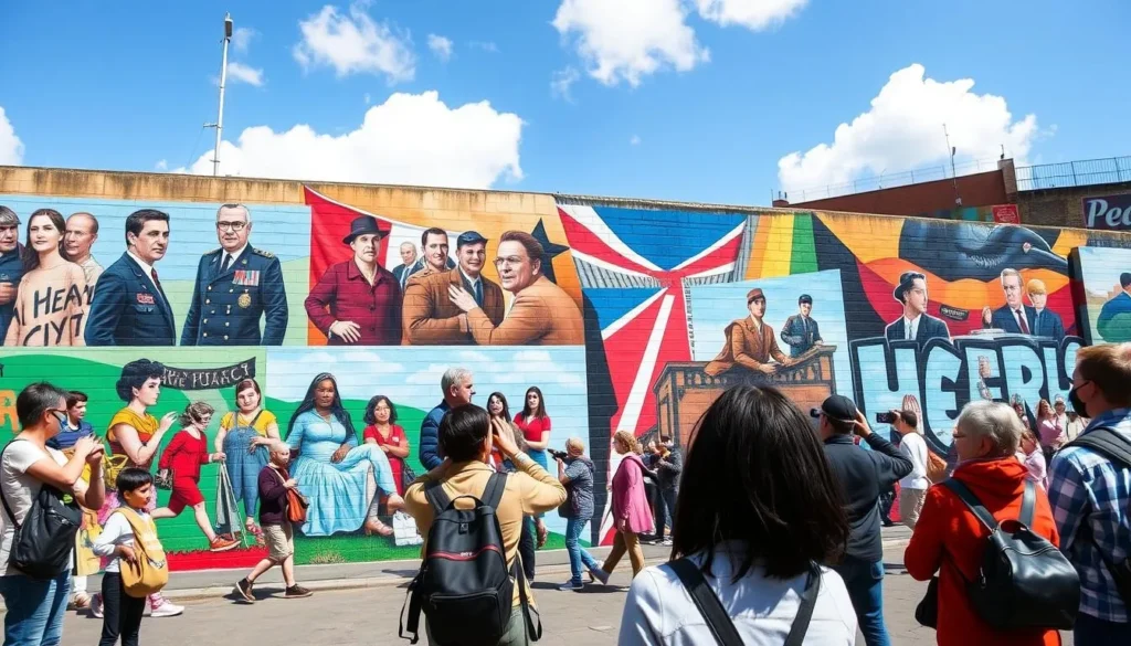 Political murals on the Peace Walls in Belfast depicting scenes from The Troubles with visitors taking photos
