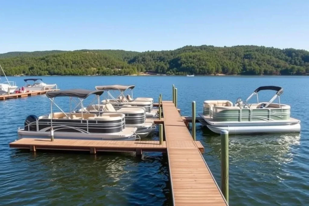 Pontoon boat rental at Dale Hollow Lake marina with docks and boats Pontoon boat rental at Dale Hollow Lake marina with docks and boats