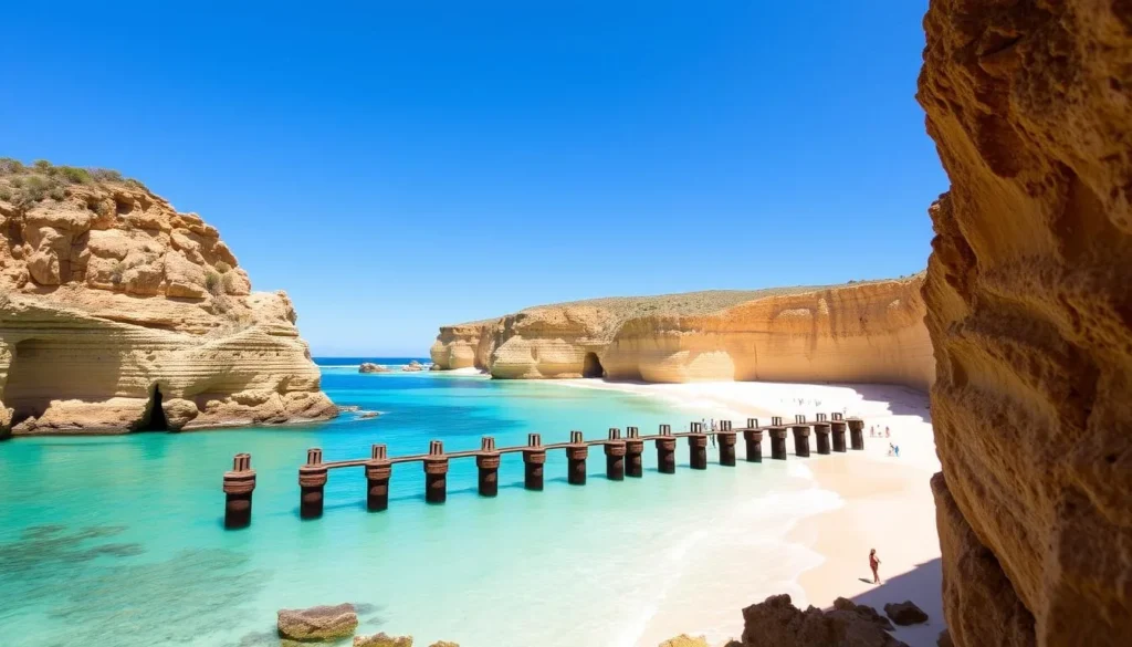 Port Willunga Beach in McLaren Vale with golden cliffs and jetty remains, a beautiful coastal McLaren Vale South Australia things to do