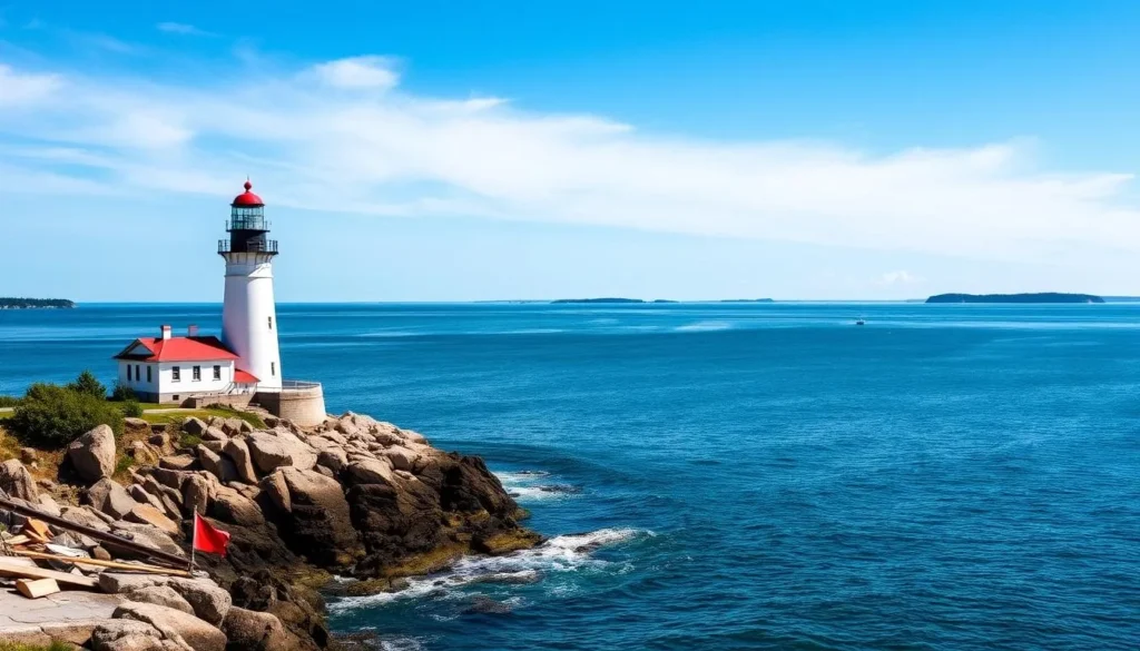 Portland Head Light lighthouse viewed from the water with Casco Bay Islands in background