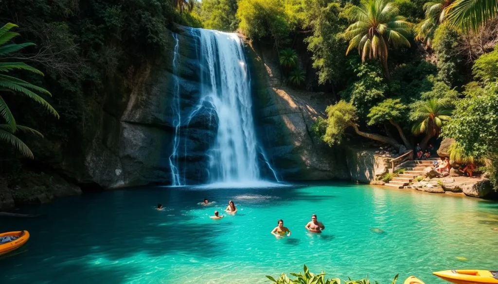 Pozo Azul waterfall in Minca with crystal clear water and people swimming