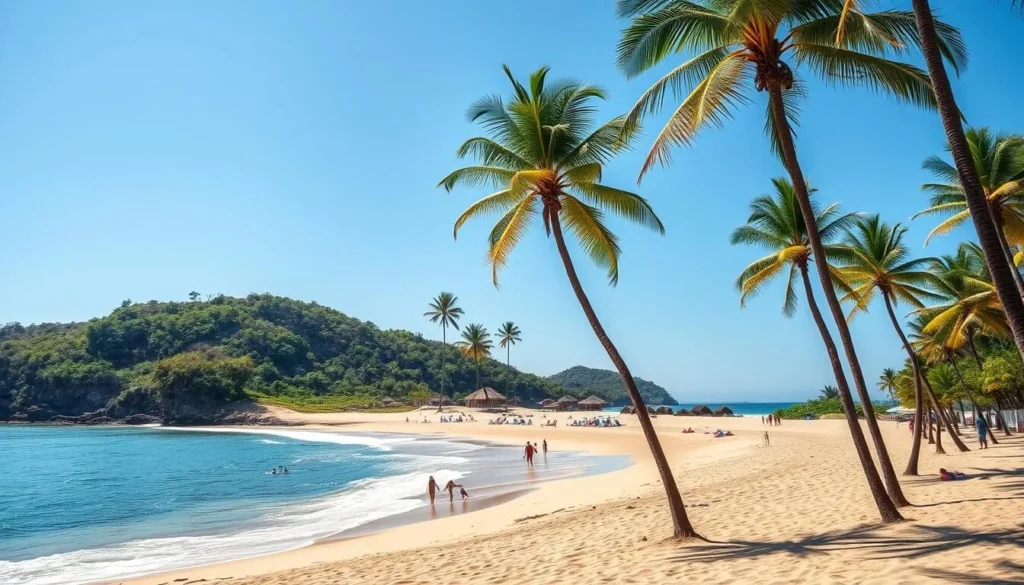 Praia dos Milagres beach in Olinda with palm trees and beachgoers enjoying the sun Praia dos Milagres beach in Olinda with palm trees and beachgoers enjoying the sun