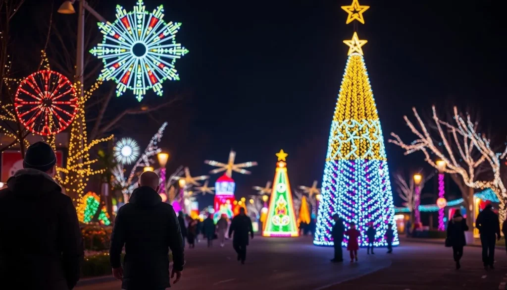 Prairie Lights festival in Grand Prairie during winter with colorful light displays