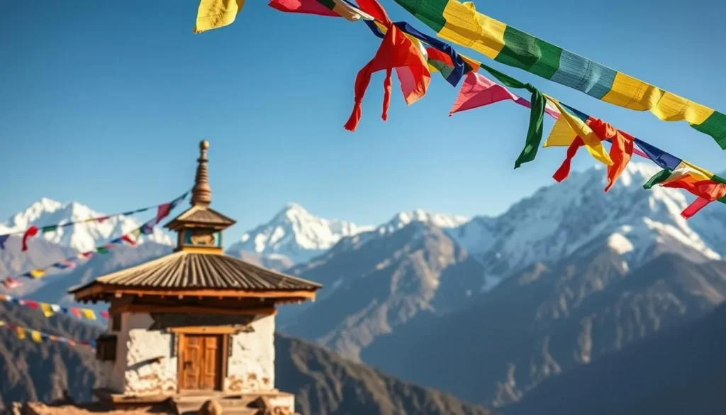 Prayer flags and small chorten (Buddhist shrine) near Raphstreng Tsho
