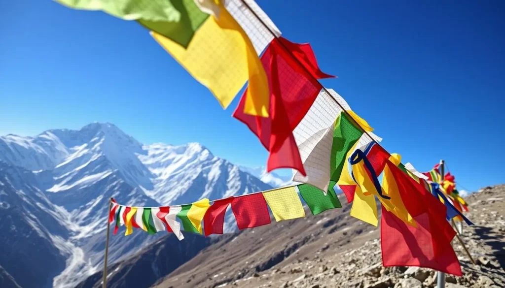 Prayer flags at a high mountain pass in the Lunana Range with snow-capped peaks in background