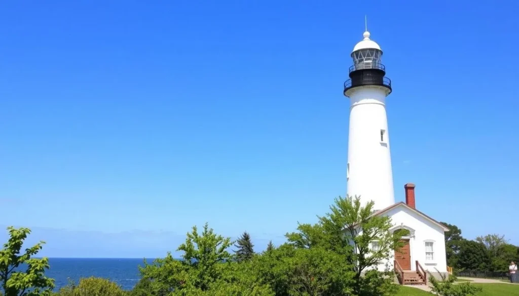 Presque Isle Lighthouse standing tall against blue sky with Lake Erie in the background