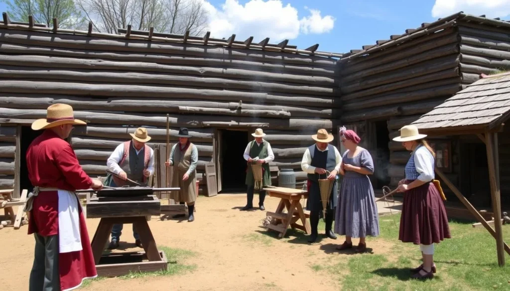 Prickett's Fort State Park living history museum with costumed interpreters demonstrating 18th-century crafts