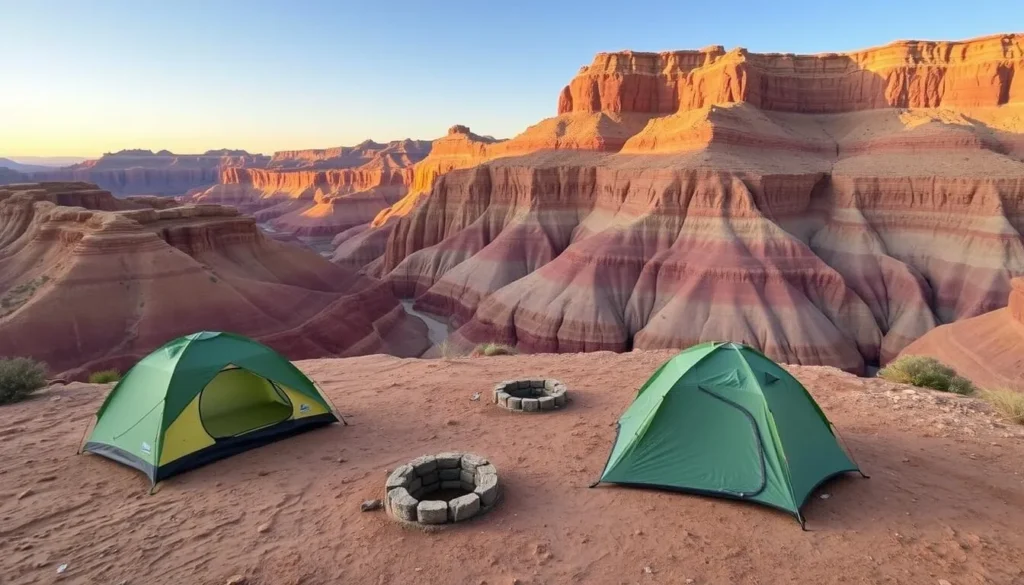 Primitive camping area at Goosenecks State Park, Utah with tents set up near the canyon rim