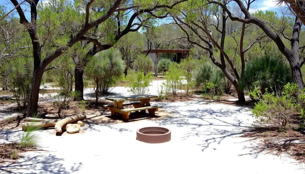 Primitive campsite at Allen David Broussard Catfish Creek Preserve State Park with picnic table and fire ring