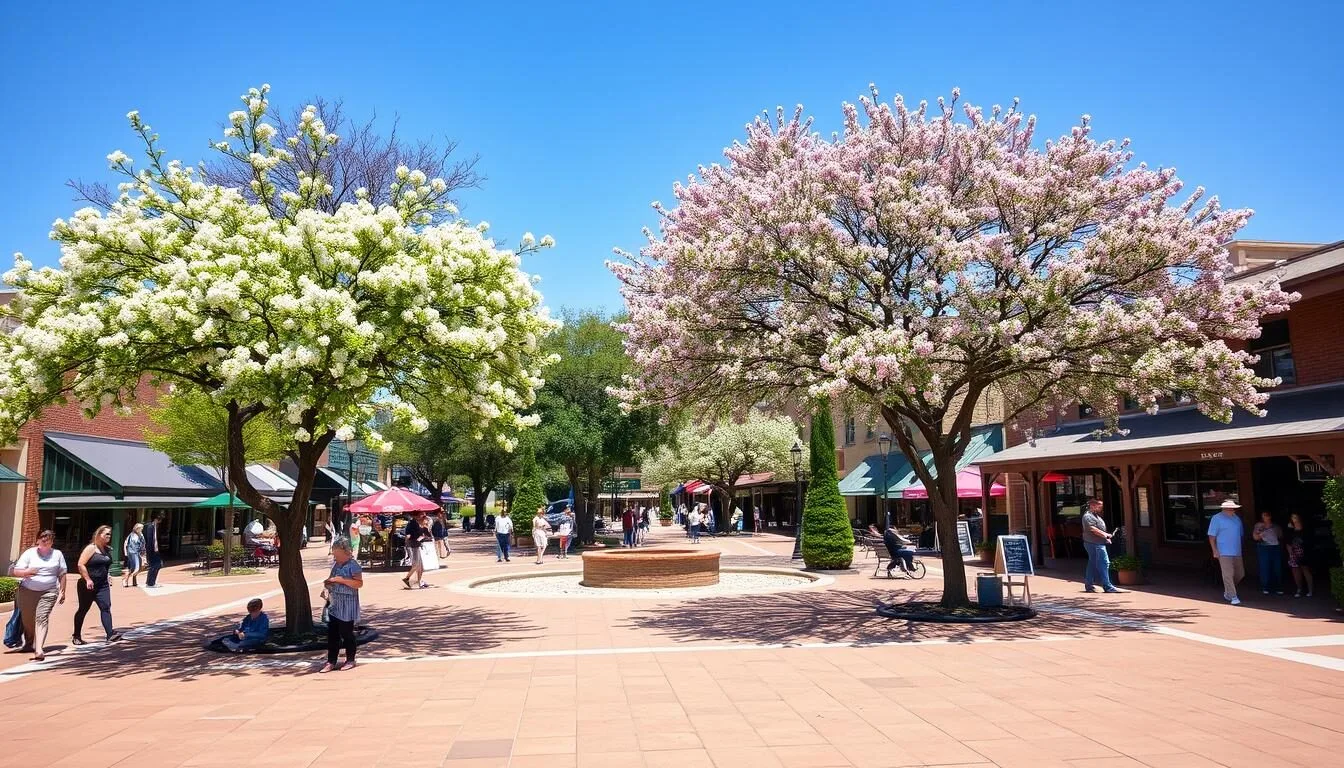 Princeton-Texas-town-square-during-spring-with-blooming-trees-and-clear-blue-sky Princeton, Texas town square during spring with blooming trees and clear blue sky