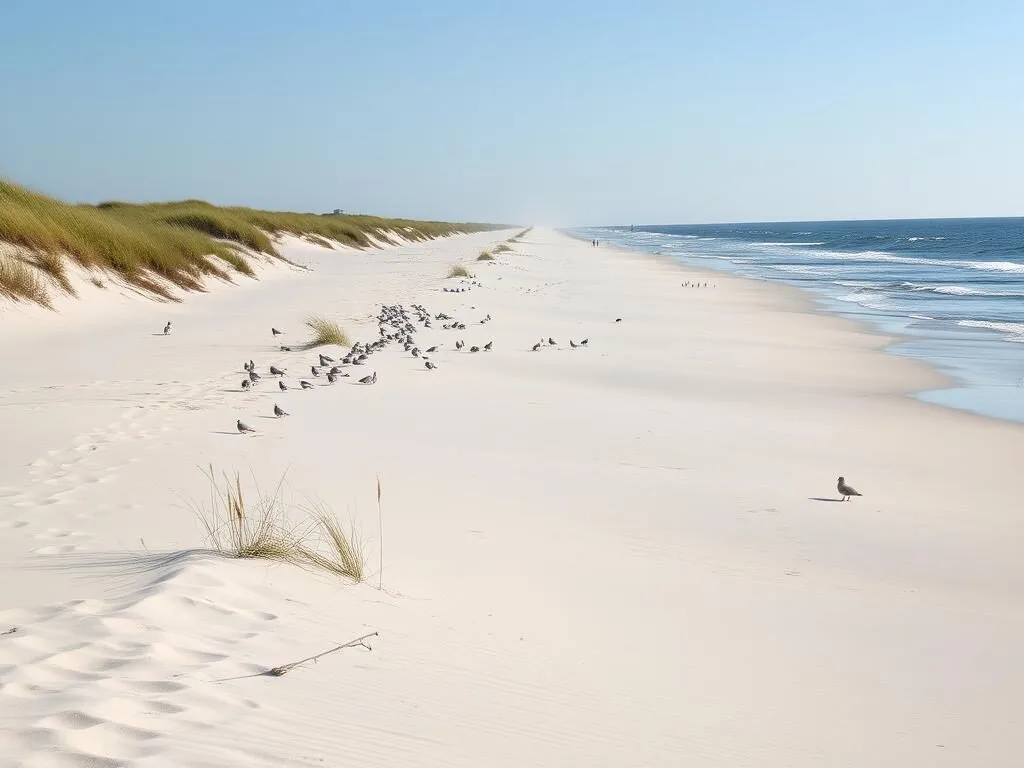 Pristine beach at Huntington Beach State Park with dunes and seabirds