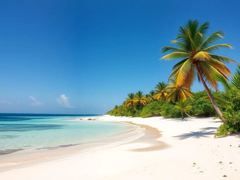 Pristine beach on Ile Sainte Marie with palm trees and turquoise water