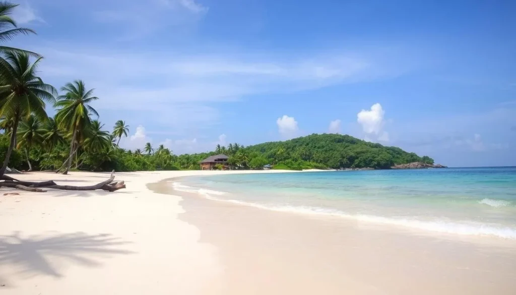 Pristine beach on Kayts Island with palm trees and clear water