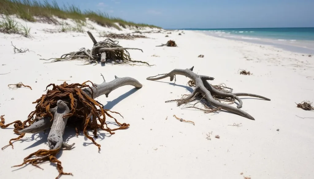 Pristine beach on San Jose Island showing natural state with driftwood and seaweed demonstrating the leave-no-trace ethic