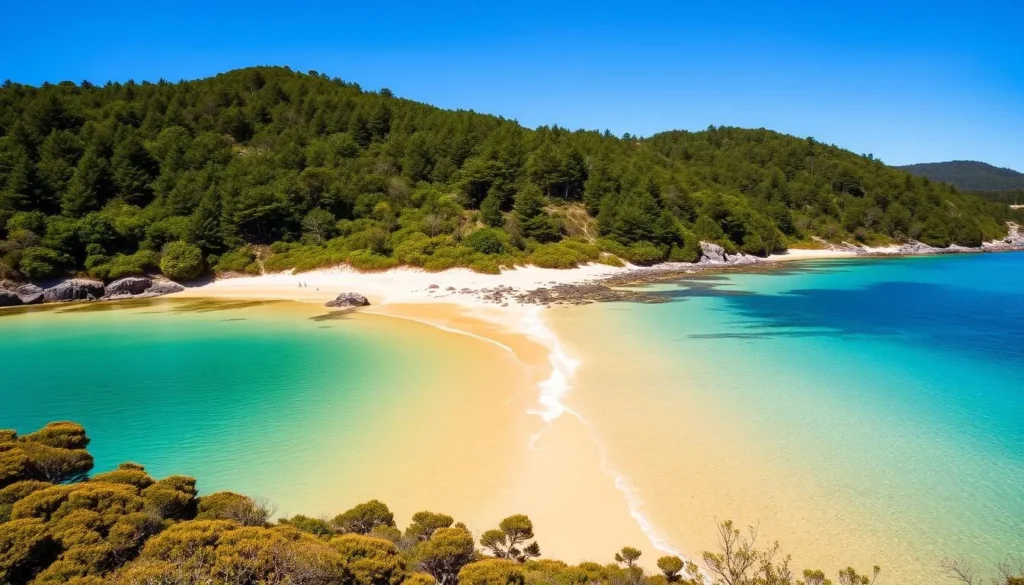 Pristine beach on Ulva Island with ancient podocarp forest and clear waters Pristine beach on Ulva Island with ancient podocarp forest and clear waters