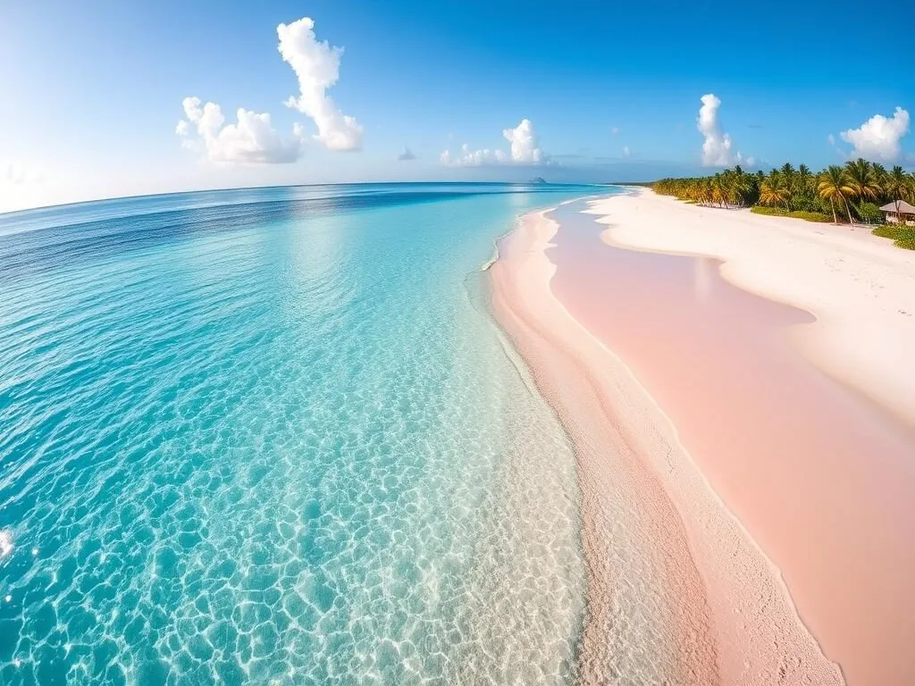 Pristine stretch of pink sand at 17 Mile Beach Antigua and Barbuda with no tourists