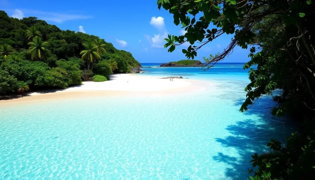 Pristine white sand beach at Peucang Island with crystal clear waters